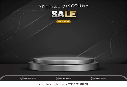 special discount sale with landscape social media post tempate banner with copy space 3d podium for product sale with abstract gradient black background design