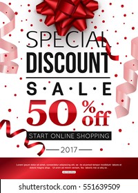 Special discount sale with red bow and ribbon. Vector banner design