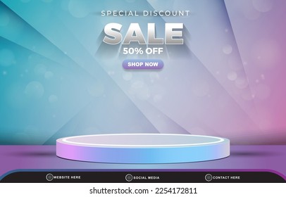 special discount sale template banner with blank space 3d podium for product sale with abstract gradient blue and purple background design