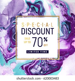 Special Discount Square Banner Template with Marble Texture on White Background. Vector illustration Golden Frame.