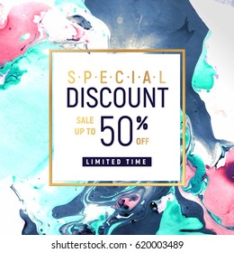 Special Discount Square Banner Template with Marble Texture on White Background. Vector illustration Golden Frame.