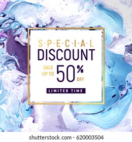 Special Discount Square Banner Template with Marble Texture on White Background. Vector illustration Golden Frame.