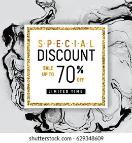 Special Discount Square Golden Banner Template with Black Marble Texture on White Background. Vector Illustration Gold Foil Glitter Frame.