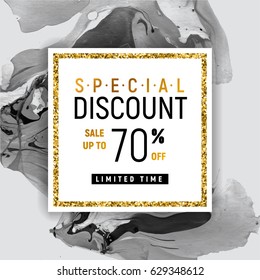 Special Discount Square Golden Banner Template with Black Marble Texture on White Background. Vector Illustration Gold Foil Glitter Frame.