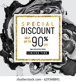 Special Discount Square Golden Banner Template with Black Marble Texture on White Background. Vector Illustration Gold Foil Glitter Frame.