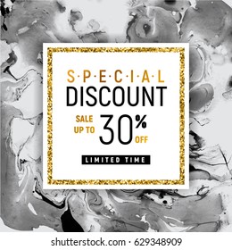 Special Discount Square Golden Banner Template with Black Marble Texture on White Background. Vector Illustration Gold Foil Glitter Frame.