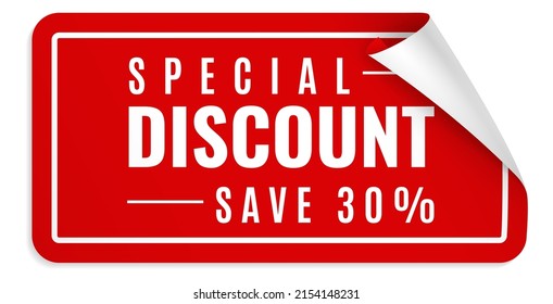 Special discount sticker. Red rectangular label with curled edge and realistic shadows, white letters, marketing promotion sale emblem, special shopping offer, vector isolated single object