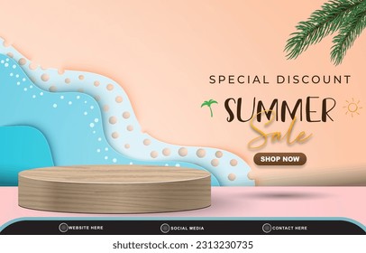 descuento especial venta de verano para medios sociales postales banner con espacio en blanco 3d podio para la venta de productos con diseño de fondo rosa y azul gradiente abstracto