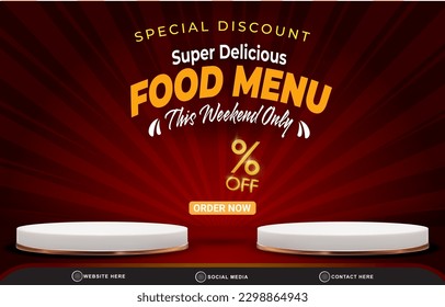 special discount super food menu sale social media post tempate banner with copy space 3d podium with abstract gradient dark red background design