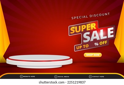 special discount super sale template banner with blank space 3d podium for product sale with abstract gradient red background design