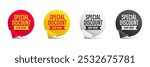 Special discount symbol. 3D Round sticker badge with offer message. Advertising discounts symbol. Promotion set for shopping marketing, clearance sale and advertisement Vector illustration.