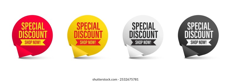 Símbolo de desconto especial. Etiqueta adesiva 3D redondo com mensagem de oferta. Símbolo de descontos de publicidade. Promoção definida para marketing de compras, venda livre e propaganda Ilustração de vetor.