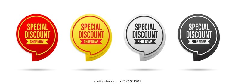 Special discount tag. 3D sticker badge with offer message. Advertising discounts symbol. Promotion set for shopping marketing, clearance sale, and advertisement Vector illustration.