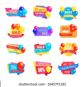 Special discount weekend sale best price super offer exclusive premium promotion set of color stickers with shiny glossy balloons, promo labels emblems stikers