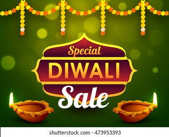 Special Diwali Sale Banner, Discount Offer Flyer or Poster, Beautiful flowers and illuminated oil lamps (Diya) decorated traditional background, Indian Festival of Lights celebration concept.