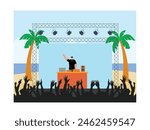 Special DJ concert with a magnificent stage on the beach, vector illustration.