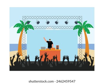 Special DJ concert with a magnificent stage on the beach, vector illustration.