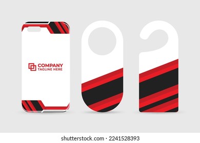 Perchas especiales de puertas y diseño de estuches para teléfonos para marca de negocios. Diseño de plantillas de anuncios de identidad corporativa con colores rojo y oscuro. Paquete de plantillas de escritorio para marketing.