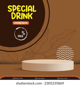special drink discount square template banner with copy space 3d podium for product sale with abstract gradient brown background design