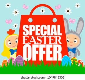 Special Easter Offer card with kids in costume chicken and rabbit.Vector illustration
