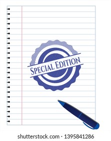 Special Edition emblem with pen effect. Blue ink. Vector Illustration. Detailed.