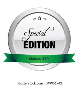Special edition seal or icon. Silver seal or button with stars and green banner.