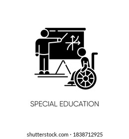 Special Education Black Glyph Icon. Inclusive Education Silhouette Symbol On White Space. Conditions For Disabled People. Student In Wheelchair And Personal Teacher Vector Isolated Illustration