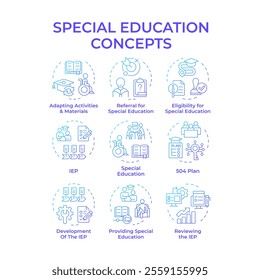 Special education blue gradient concept icons. Inclusive classes for students in school. Integrative learning programs. Icon pack. Vector images. Round shape illustrations for articles. Abstract idea