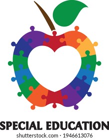 Special Education. Colorful Puzzle Apple With Love Heart Inside Concept Vector.