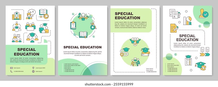 Special education green brochure template. Inclusive school. Leaflet design with linear icons. Editable 4 vector layouts for presentation, annual reports