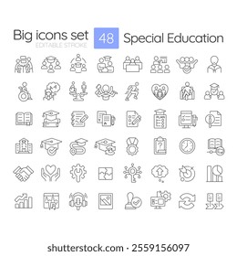 Special education linear icons set. Inclusive learning program for students with needs. School accessibility. Customizable thin line symbols. Isolated vector outline illustrations. Editable stroke