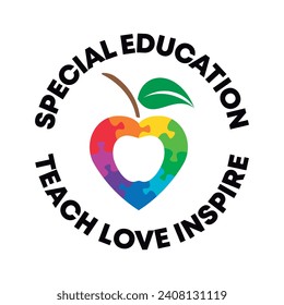 Special Education logo badge round. Colorful heart puzzle with apple inside concept design. Vector isolated on white background.