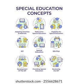 Special education multi color concept icons. Inclusive classes for students in school. Integrative learning programs. Icon pack. Vector images. Round shape illustrations for articles. Abstract idea