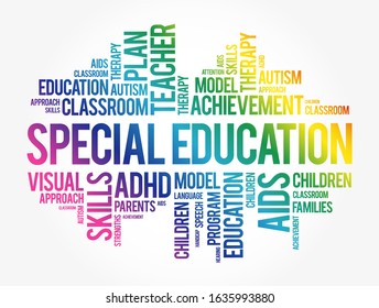 Special Education is the practice of educating students in a way that accommodates their individual differences, disabilities, and special needs, word cloud concept background