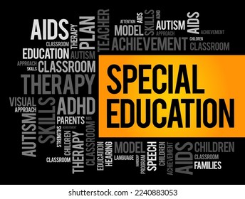 Special Education is the practice of educating students in a way that accommodates their individual differences, disabilities, and special needs, word cloud concept background