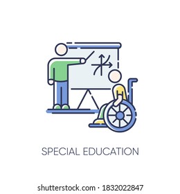 Special education RGB color icon. Inclusive education. Conditions for disabled people. Student in wheelchair and personal teacher isolated vector illustration