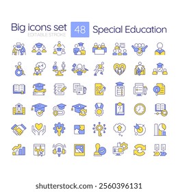 Special education RGB color icons set. Inclusive learning program for students with needs. School accessibility. Isolated vector illustrations. Simple filled line drawings collection. Editable stroke