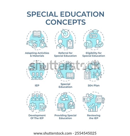 Special education soft blue concept icons. Inclusive classes for students in school. Integrative learning programs. Icon pack. Vector images. Round shape illustrations for articles. Abstract idea