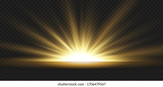 Special effect light flare with golden rays of light and magic sparkles. Glow transparent vector light effect set, explosion, sparkle, spark, solar flare