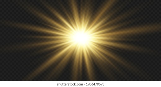 Special effect light flare with golden rays of light and magic sparkles. Glow transparent vector light effect set, explosion, sparkle, spark, solar flare