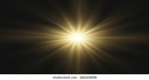 Efecto especial de la bengala con rayos dorados de luz y chispas mágicas. Juego de efecto de luz vectorial transparente brillante, explosión, chispa, chispa, llama solar