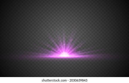 Special effect light flare with golden rays of light and magic sparkles. Glitter explosion sun isolated on transparent background. Abstract purple rays will raise. Vector illustration, eps 10.