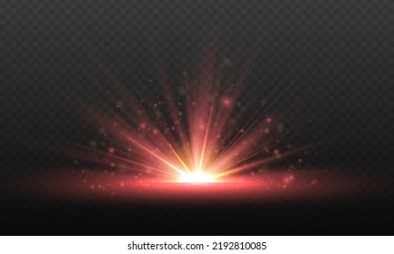 Special effect light flare with magic sparkles. Bright and shine light star. Exploding flash, sun burst with sparks. Glowing flash with red neon rays. Sparkling magical dust particles bokeh. Vector
