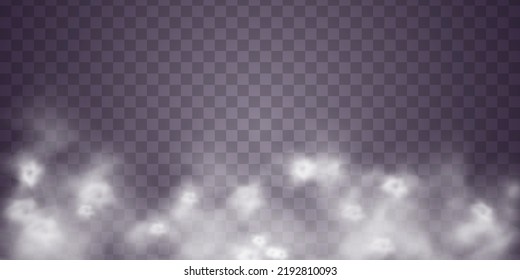 Special effect of steam, smoke, fog, clouds. Abstract gas on transparent background, vapor machine steam or explosion dust, dry ice effect, condensation, fume. Vector illustration.