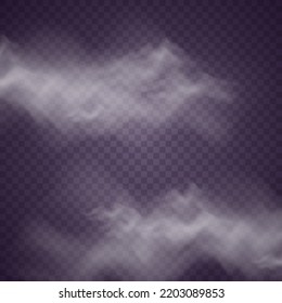 Special effect of steam, smoke, fog, clouds. Abstract gas on transparent background, vapor machine steam or explosion dust, dry ice effect, condensation, fume. Vector illustration.