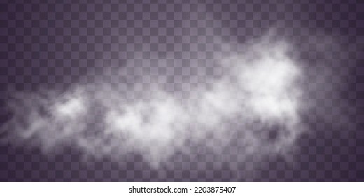 Spezielle Wirkung von Dampf, Rauch, Nebel, Wolken. Abstraktes Gas auf transparentem Hintergrund, Dampf-Maschine-Dampf oder Explosionsstaub, trockener Eis-Effekt, Kondensation, Rauch. Vektorgrafik.