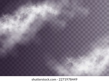 Special effect of steam, smoke, fog, clouds. Abstract gas on transparent background, vapor machine steam or explosion dust, dry ice effect, condensation, fume. Vector illustration.	