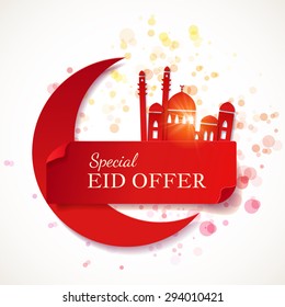 Special Eid Offer. Eid Mubarak banner. Sale poster, flyer or banner with paper moon and mosque. Vector illustration.