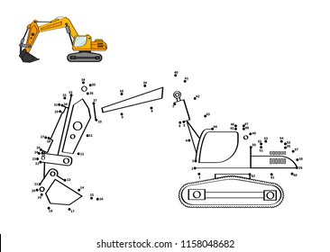 Special equipment. Backhoe. Connect the dot and color. Game for preschool kids with simple educational gaming level.