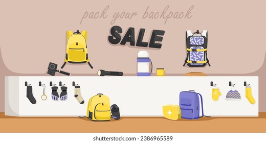 Special equipment collection backpack on sale. Boutique and shop interior. Set of alpinist rucksacks, warm socks, gloves, clothes. Extreme sport wear. Winter design. Vector illustration